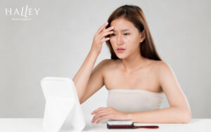 Woman checking skin for loss of elasticity and aging.