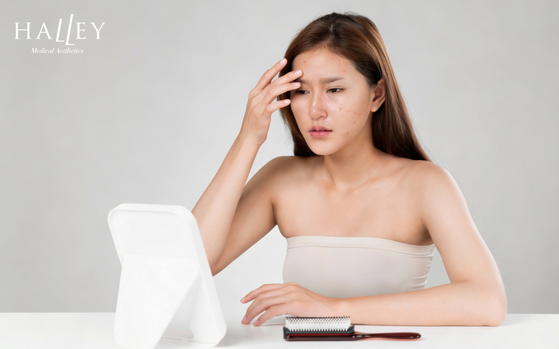 Woman checking skin for loss of elasticity and aging.