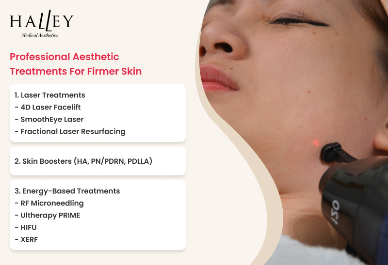 Infographic listing professional aesthetic treatments for firmer, youthful skin.