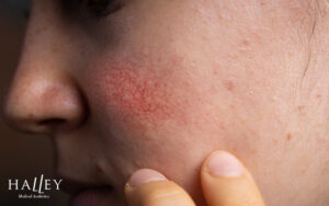 Close-up of facial spider veins on a patient's cheek.